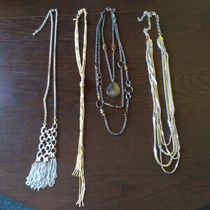 Chico's Statement Necklace Lot 4 Silver and Gold Tone Long Modern Art Teacher